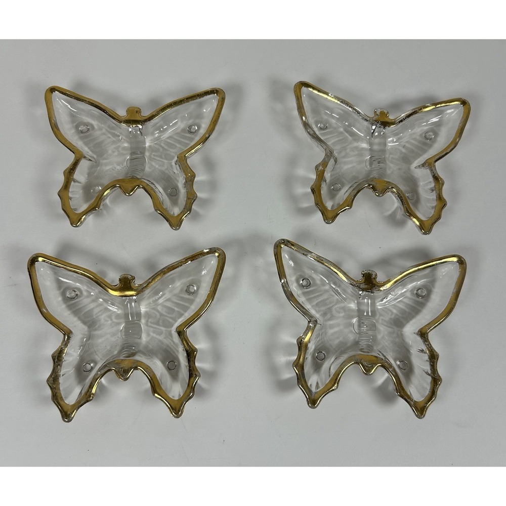VTG Glass Embossed Footed Butterfly Dishes Gold Trim Jeanette Set of 4